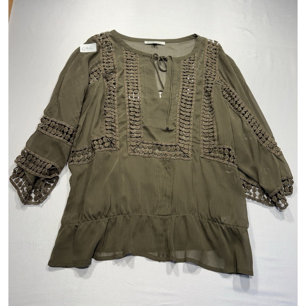 Daniel Rainn Women's Green Sheer Chiffon Crochet Tie Neck 3/4 Sleeve Blouse L